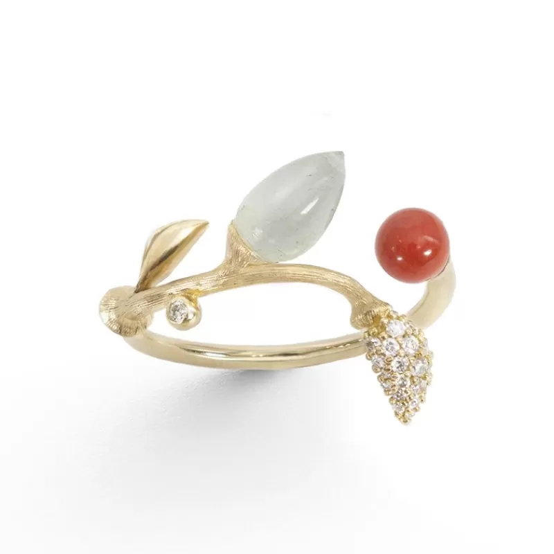 Ole Lynggaard Copenhagen Gullringer-Ring, Blooming Pave Blad Med Rod Korall Og Akvamarin